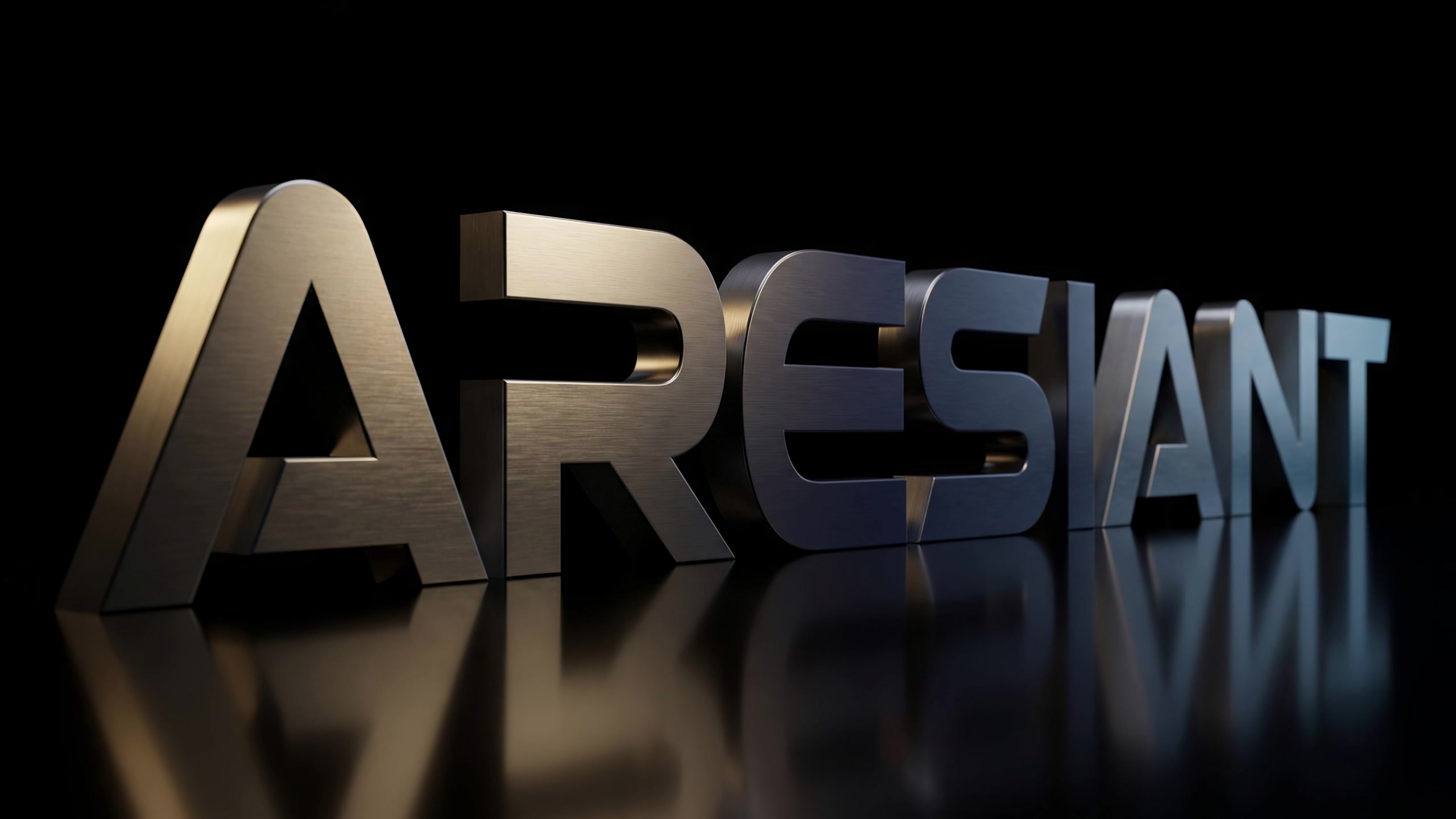 The Aresiant wordmark as a 3D metal sculpture on black